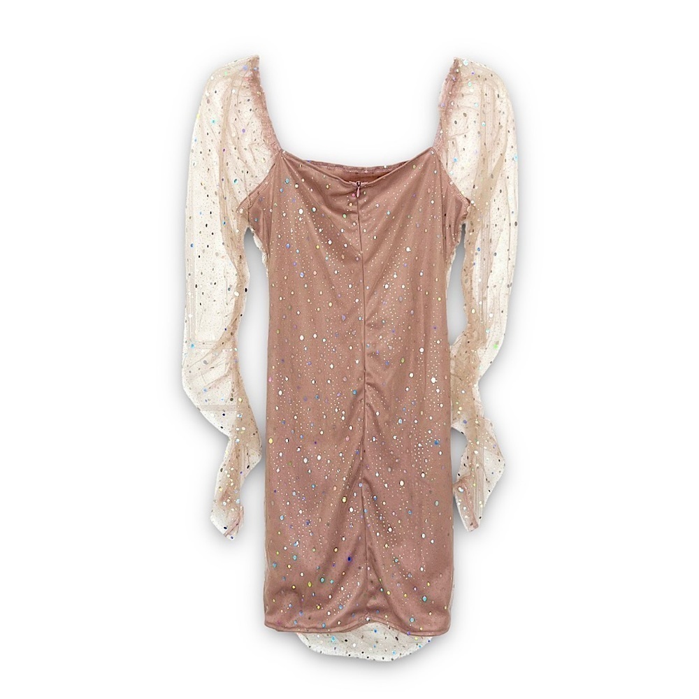 NWT AREA STARS Sparkle Pink Y2K 90s Barbie Sheer Ruched Long Sleeve Mini Dress L - Picture 3 of 5
